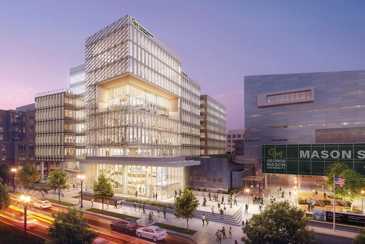 Digital model of the Fuse Building during twilight