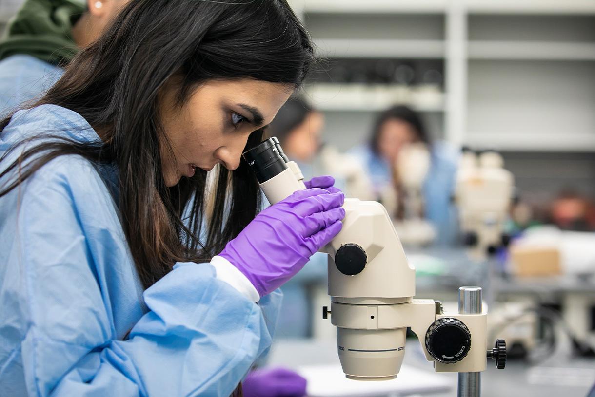 Woman in lab uniform and looking into a microscope