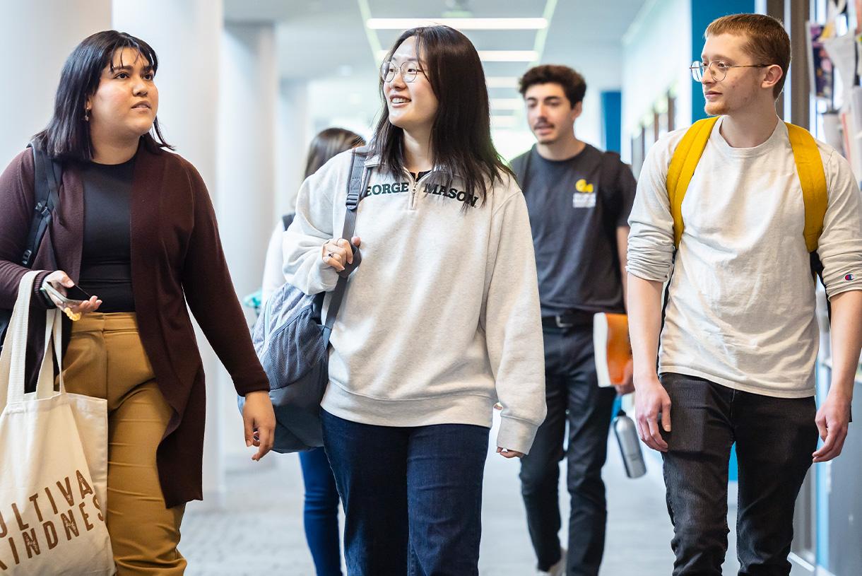 Students walking together in a hallway