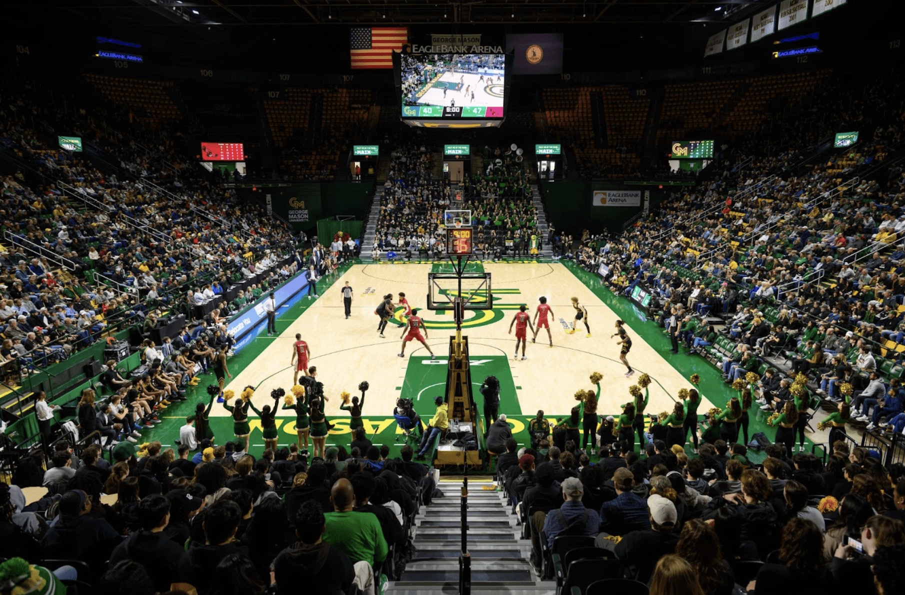 High level view of a crowded basketball game