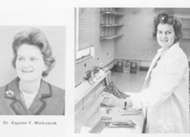 Black and white photos of Eugenie wearing a lab coat