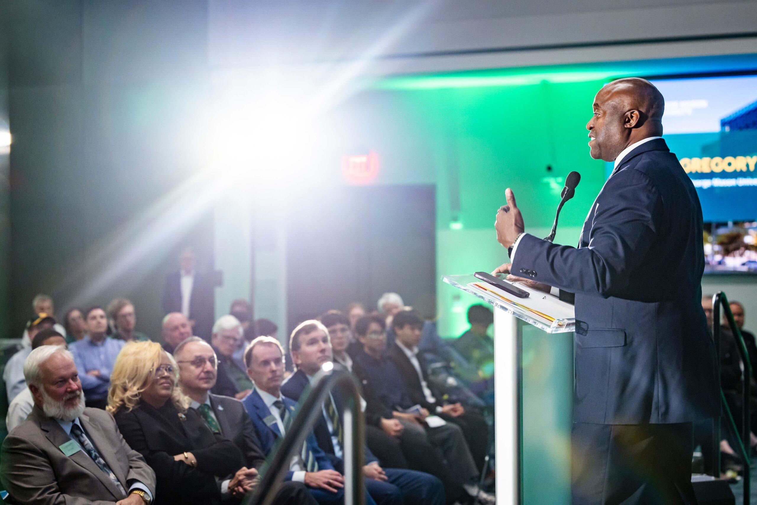 President Gregory Washington offers remarks during the Grand Celebration for Fuse at Mason Square.
