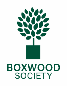 Boxwood Society logo features a green potted tree with leaves.