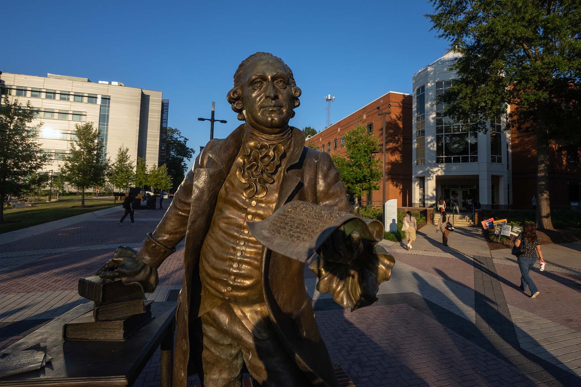 George Mason statue on the Roger Wilkins plaza on the Fairfax Campus.